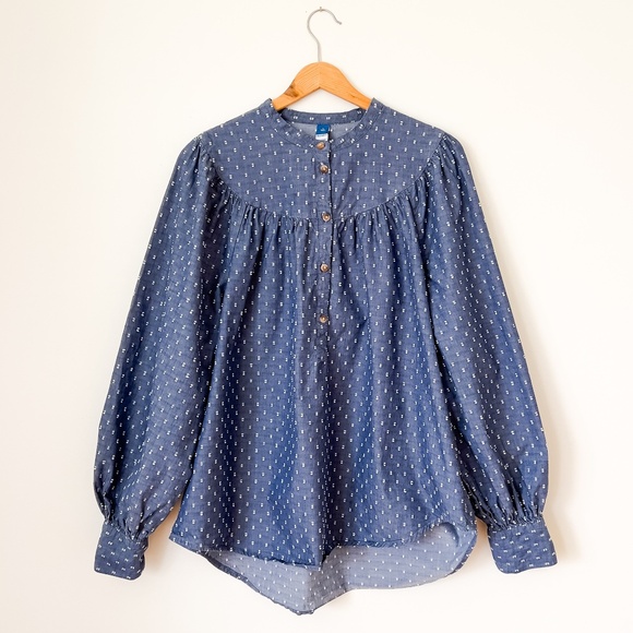 Blue Cotton Swiss Dot Modest Prairie Top with Yoke and Pleating - Size Large - Picture 1 of 10